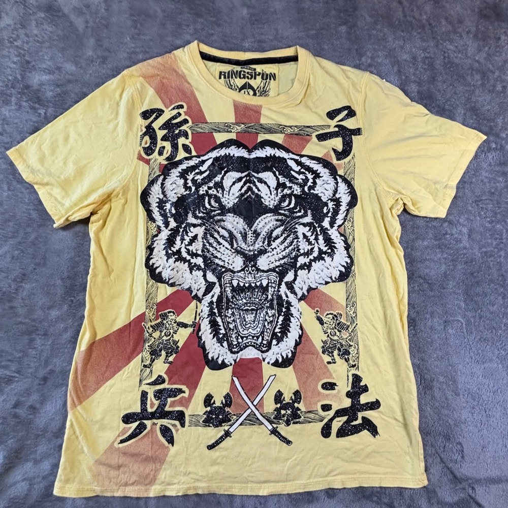 Ringspun Mens Yellow Tiger Graphic T-Shirt Rhinestone Glitter Samurai Large y2K